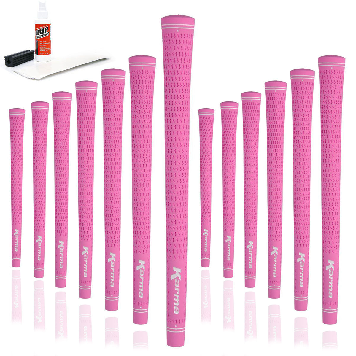13 Karma Velour Pink golf grips, golf grip tape strips, bottle of grip solvent and rubber shaft clamp