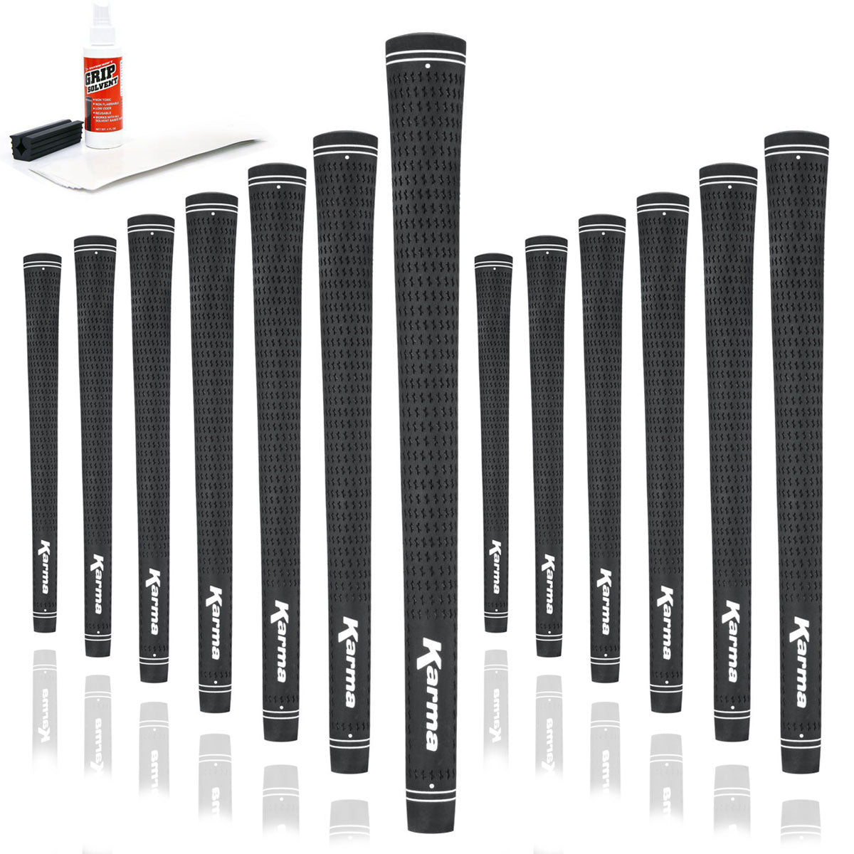 13 Karma Velour Black golf grips, golf grip tape strips, bottle of grip solvent and rubber shaft clamp