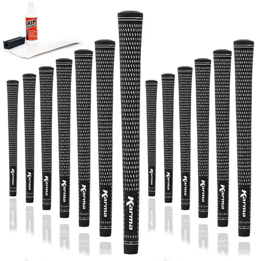13 Karma Velour Black/White golf grips, golf grip tape strips, bottle of grip solvent and rubber shaft clamp