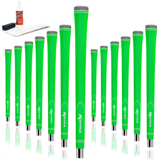 13 Karma Neion II green golf grips, golf grip tape strips, bottle of grip solvent and rubber shaft clamp