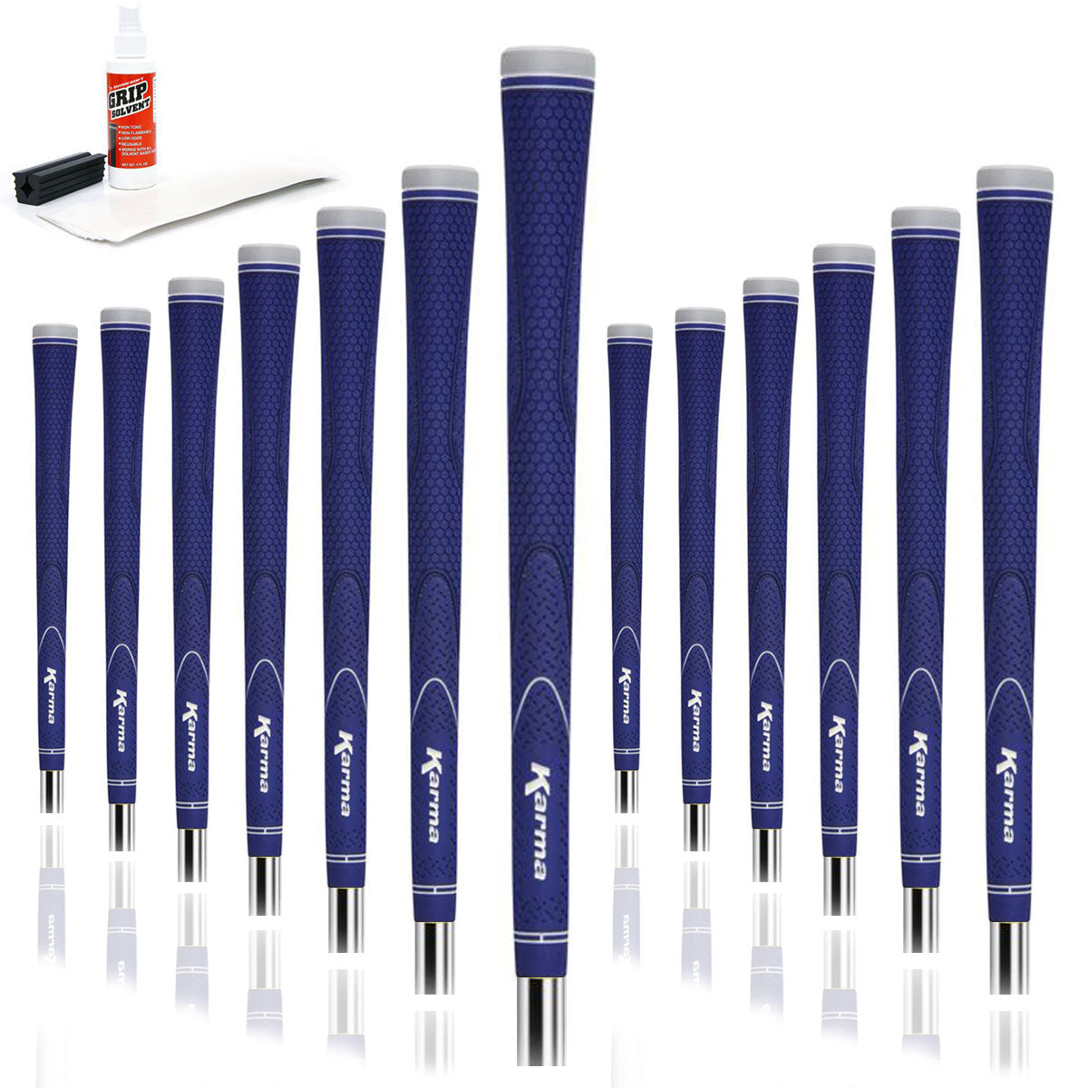 13 Karma Neion II blue golf grips, golf grip tape strips, bottle of grip solvent and rubber shaft clamp