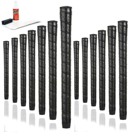 13 Karma Synthetic Wrap Midsize golf grips, golf grip tape strips, bottle of grip solvent and rubber shaft clamp