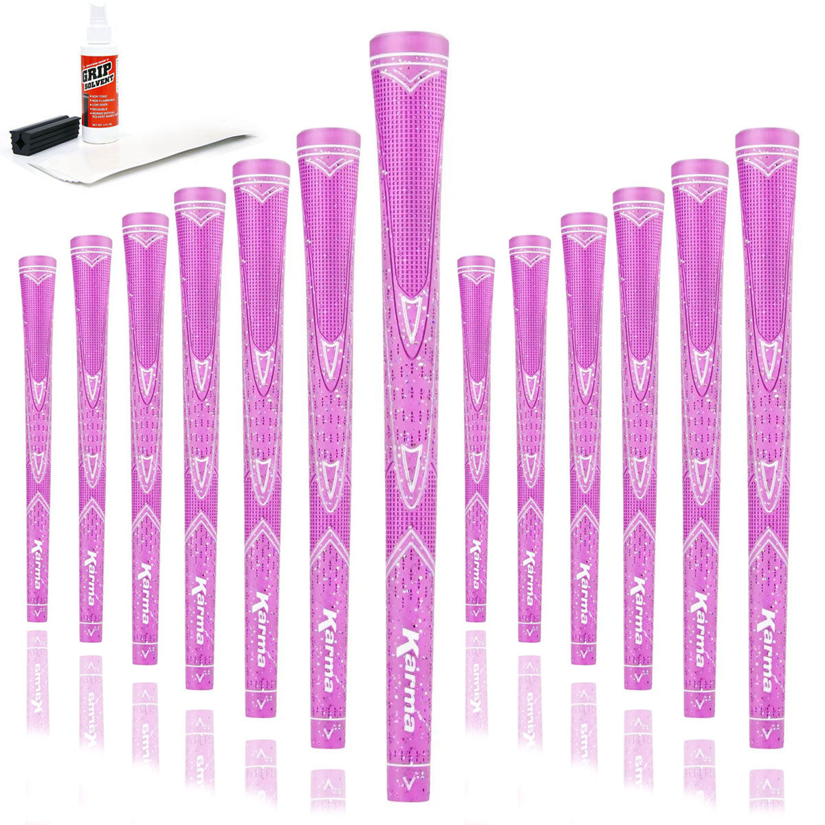 13 Karma Sparkle Pink golf grips, golf grip tape strips, bottle of grip solvent and rubber shaft clamp