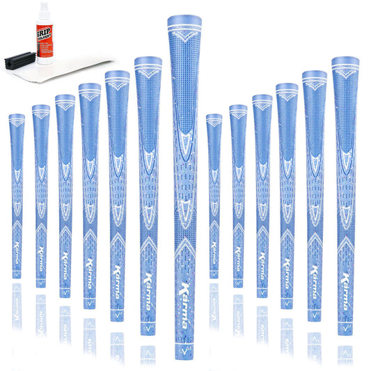 13 Karma Sparkle Light Blue golf grips, golf grip tape strips, bottle of grip solvent and rubber shaft clamp
