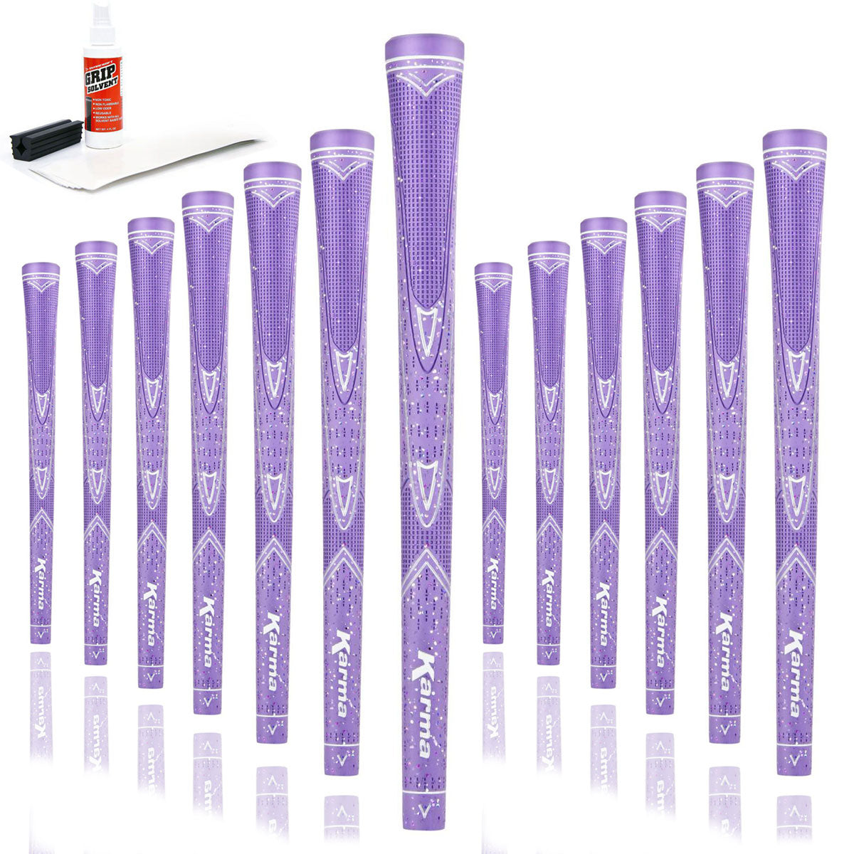 13 Karma Sparkle Purple golf grips, golf grip tape strips, bottle of grip solvent and rubber shaft clamp