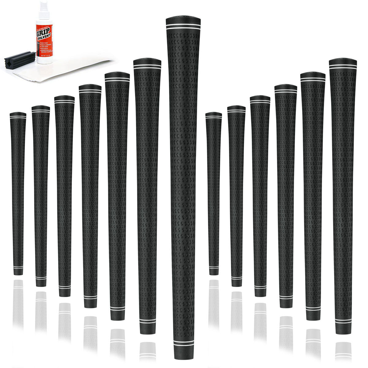 13 Karma Revolution Black golf grips, golf grip tape strips, bottle of grip solvent and rubber shaft clamp