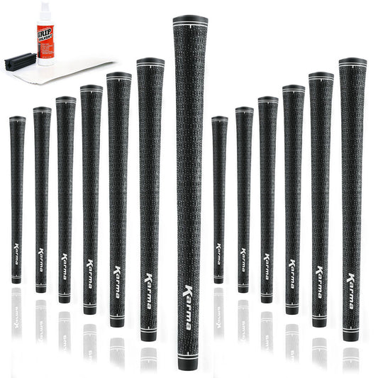 13 Karma Velour Full Cord golf grips, golf grip tape strips, bottle of grip solvent and rubber shaft clamp