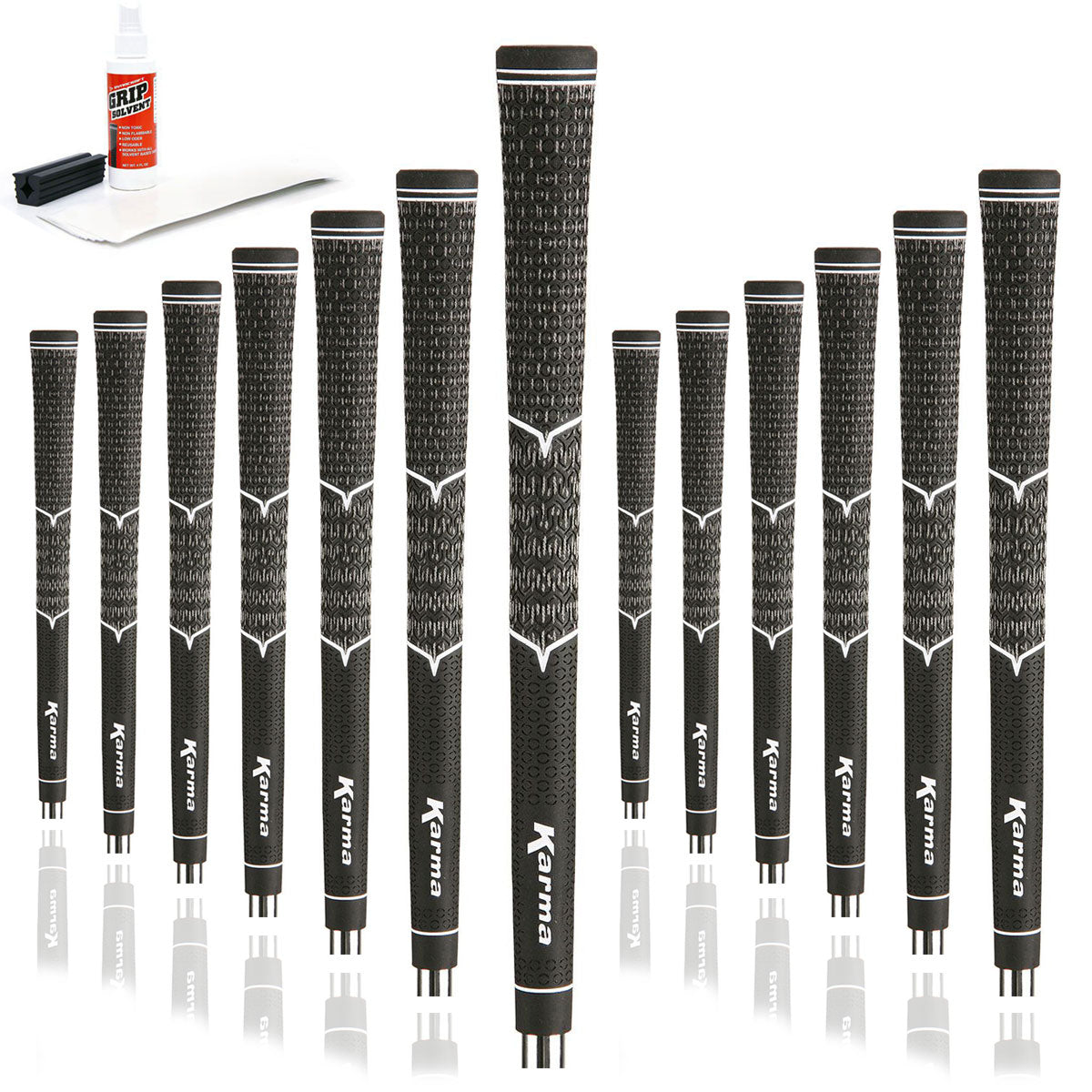 13 Karma V-Cord Black/Black golf grips, golf grip tape strips, bottle of grip solvent and rubber shaft clamp