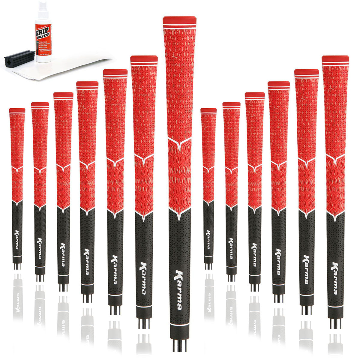 13 Karma V-Cord Black/Red golf grips, golf grip tape strips, bottle of grip solvent and rubber shaft clamp