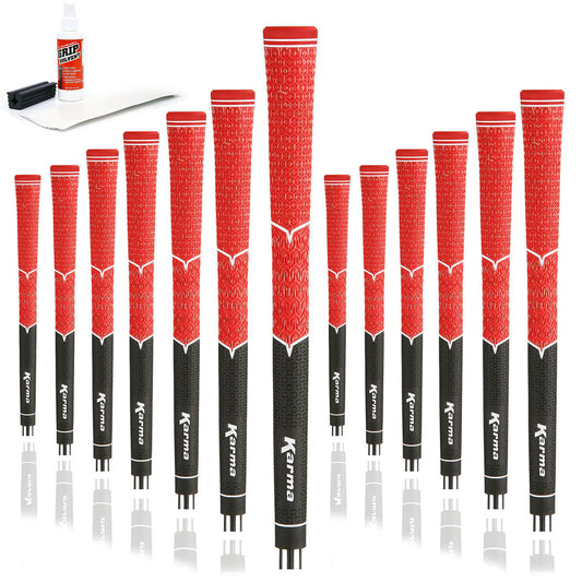 13 Karma V-Cord Black/Red golf grips, golf grip tape strips, bottle of grip solvent and rubber shaft clamp