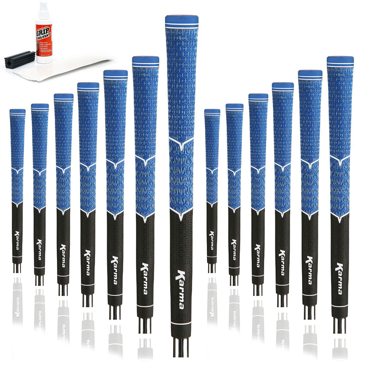 13 Karma V-Cord Black/Blue golf grips, golf grip tape strips, bottle of grip solvent and rubber shaft clamp