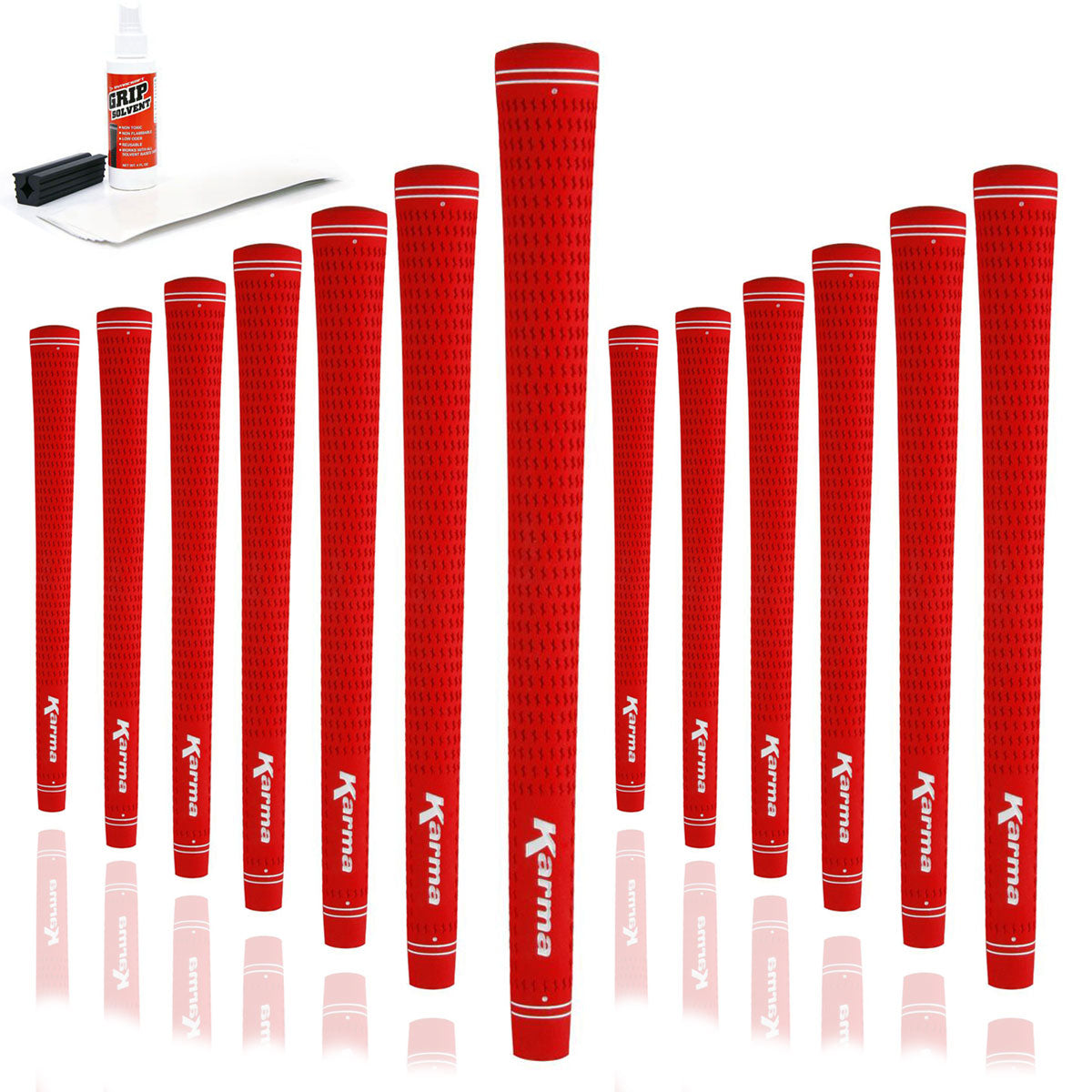 13 Karma Velour Red golf grips, golf grip tape strips, bottle of grip solvent and rubber shaft clamp