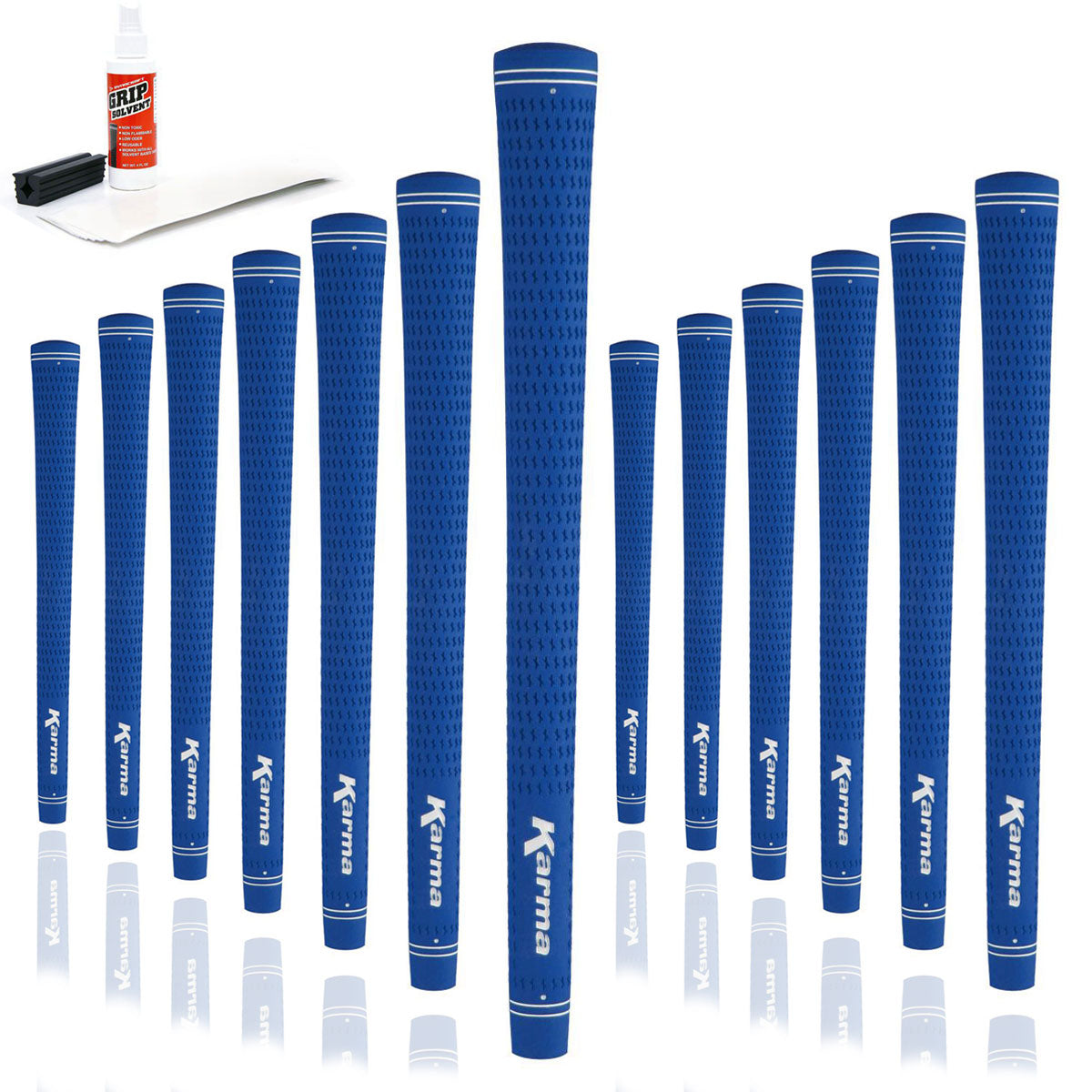 13 Karma Velour Blue golf grips, golf grip tape strips, bottle of grip solvent and rubber shaft clamp