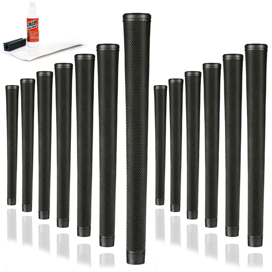 13 Karma Arthritic Plus golf grips, golf grip tape strips, bottle of grip solvent and rubber shaft clamp