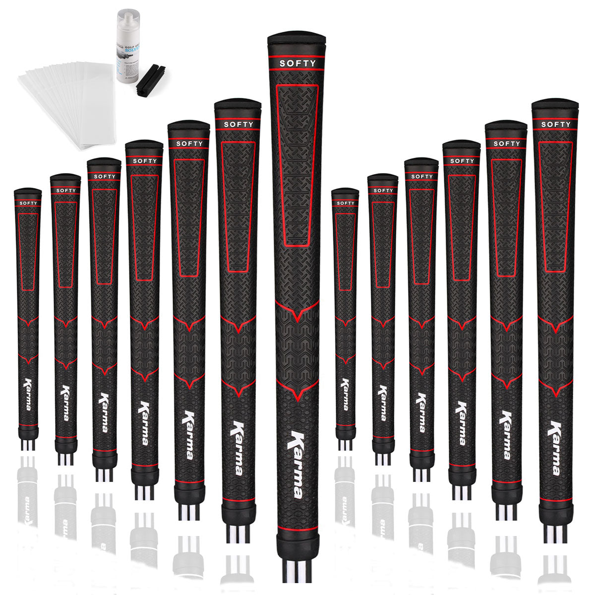 Karma Softy midsize golf grip kit with 13 grips, tape strips, bottle of grip solvent and rubber shaft clamp