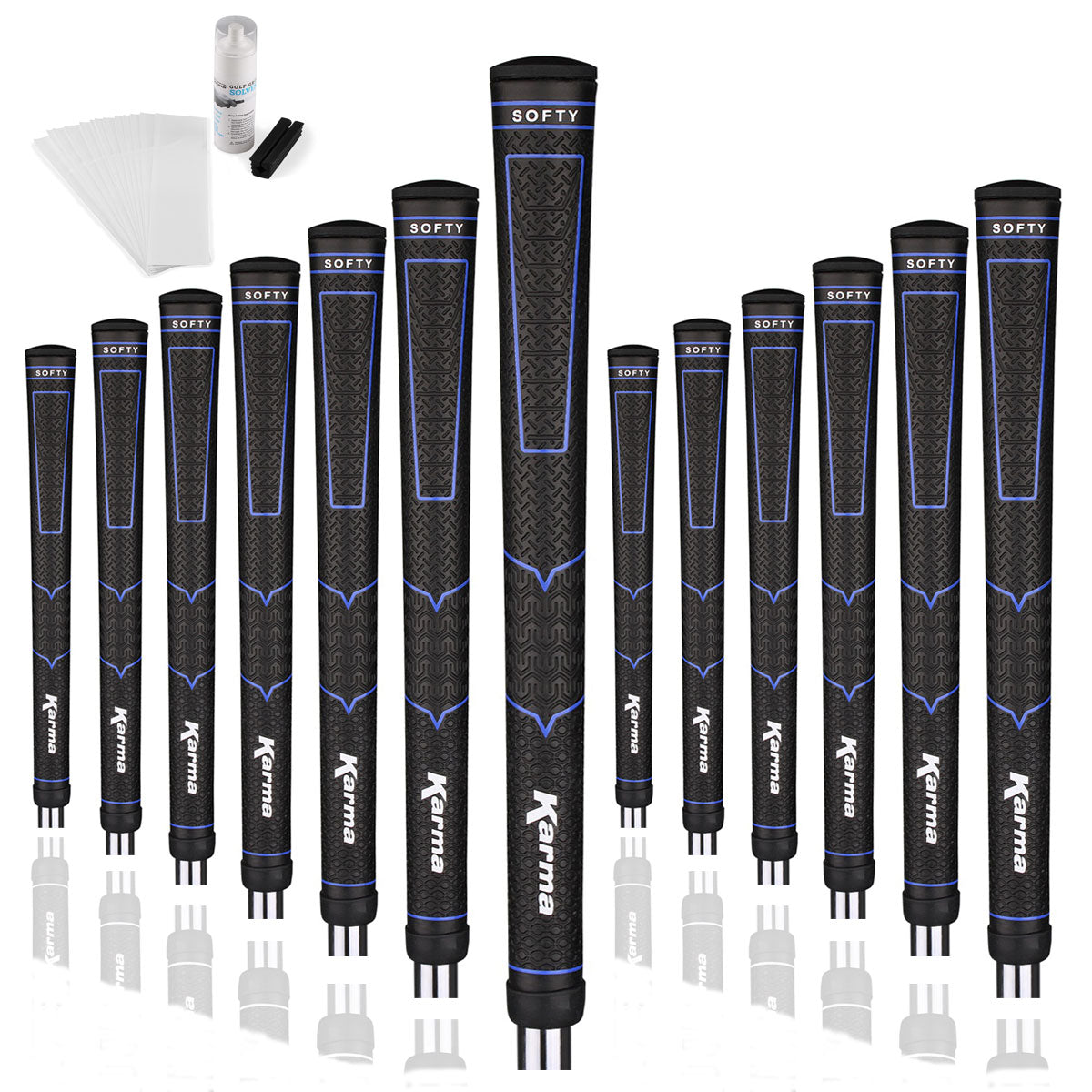 Karma Softy Jumbo golf grip kit with 13 oversized grips, tape strips, bottle of grip solvent and rubber shaft clamp