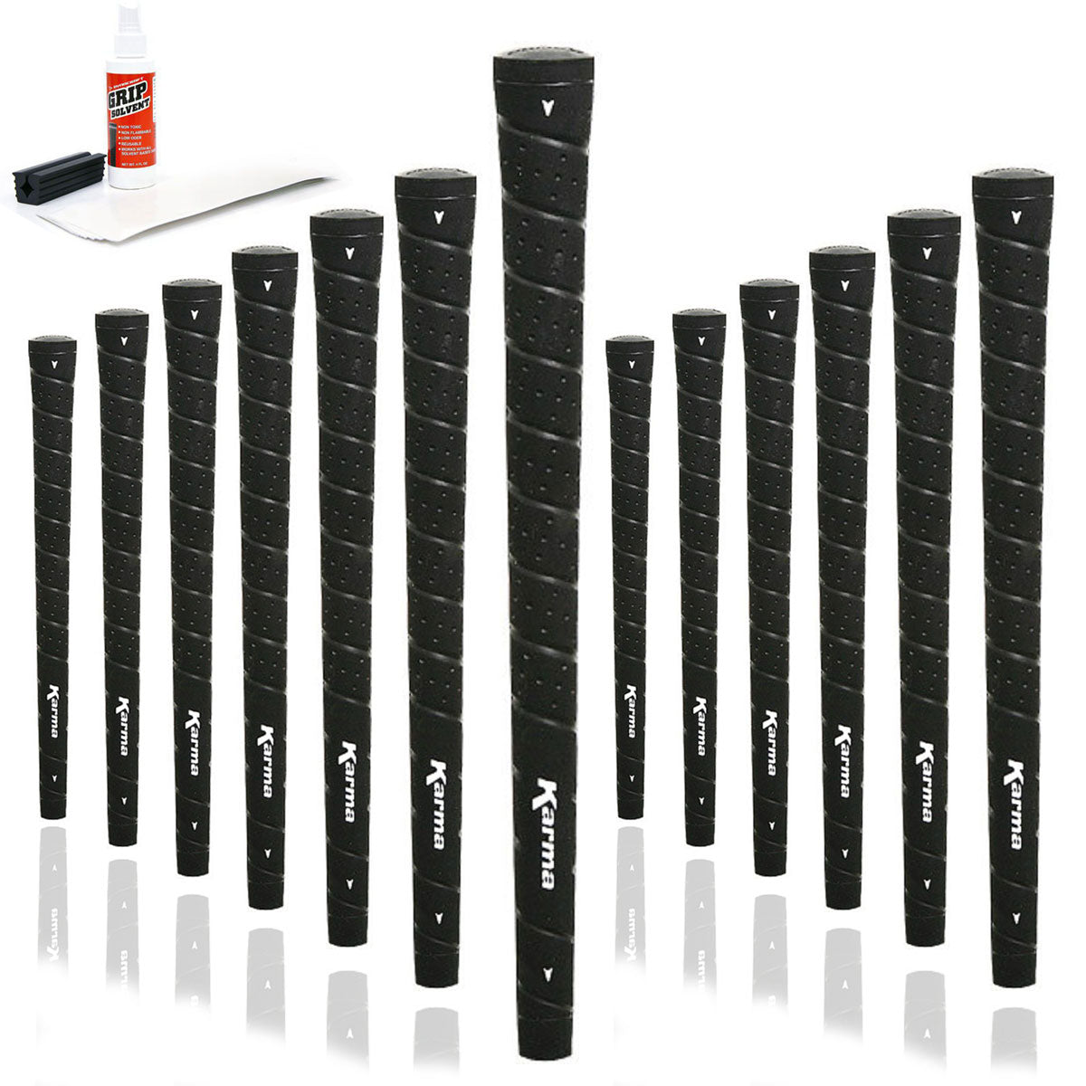 13 Karma Wrap golf grips, golf grip tape strips, bottle of grip solvent and rubber shaft clamp