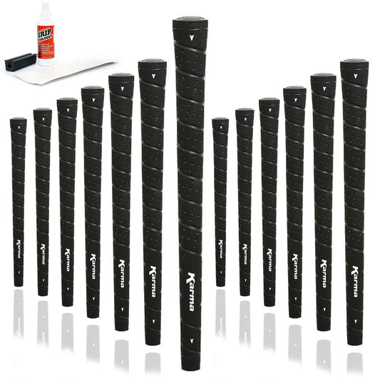 13 Karma Wrap golf grips, golf grip tape strips, bottle of grip solvent and rubber shaft clamp