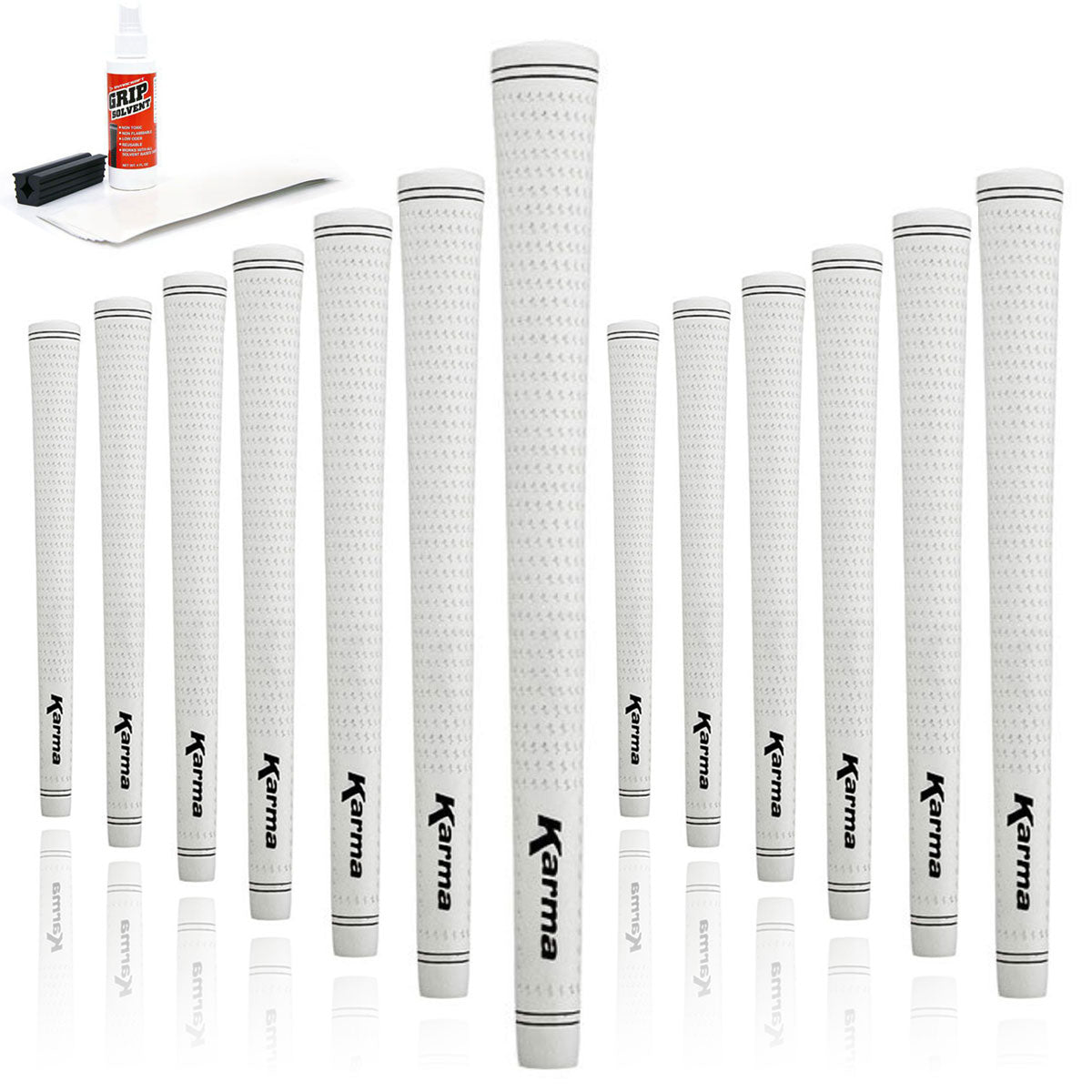 13 Karma Velour White golf grips, golf grip tape strips, bottle of grip solvent and rubber shaft clamp
