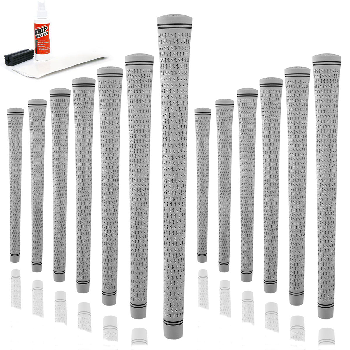 13 Karma Revolution Gray golf grips, grip solvent, tape strips and rubber shaft clamp