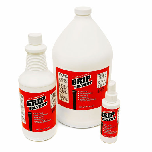 32 ounce, one gallon and 4 ounce bottles of golf grip solvent
