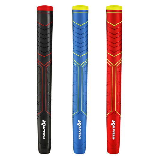 a black, blue and a red Karma Big Softy Putter Grip