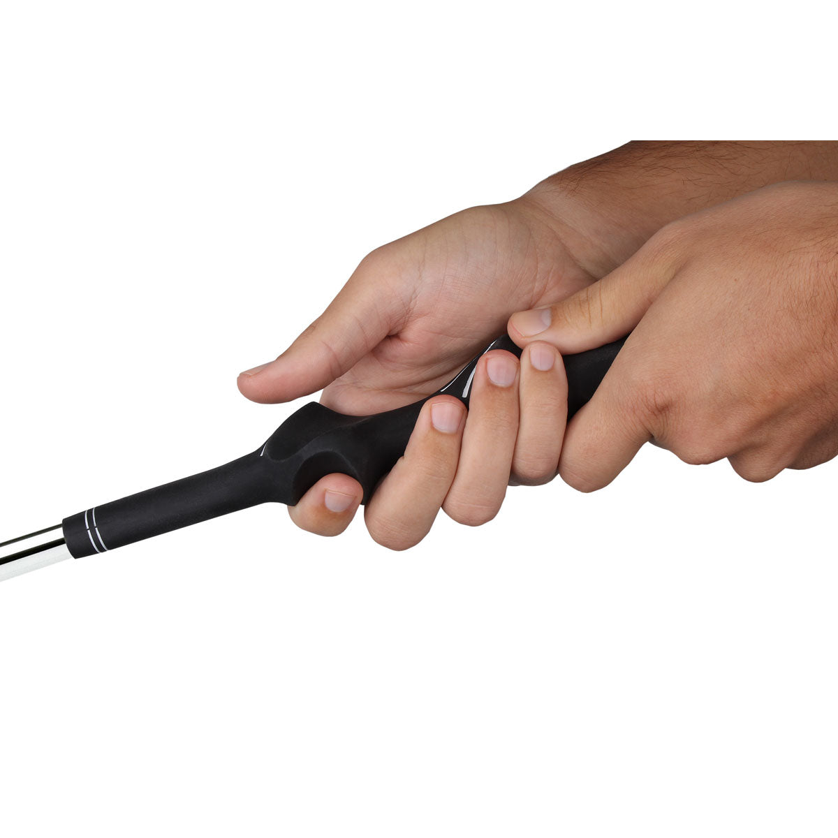 side view of a right handed golfer grasping a Karma golf training grip