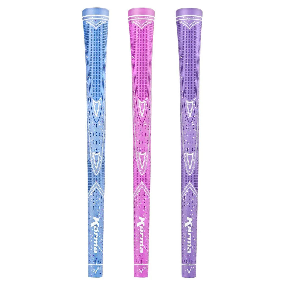 light blue, pink and purple Karma Sparkle golf grips