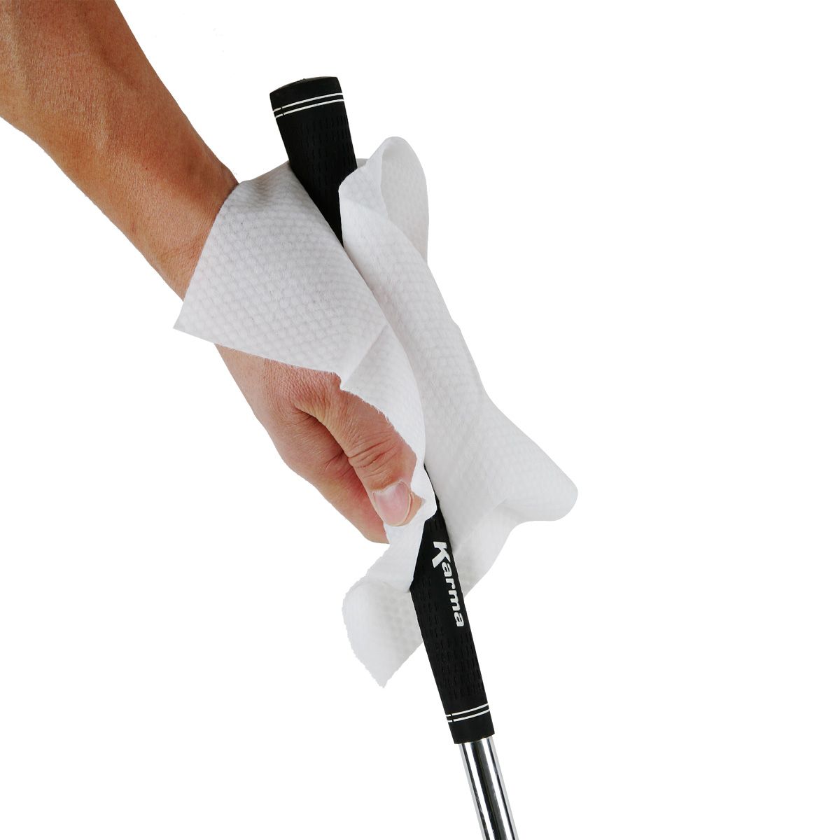 person wiping a Karma golf grip with a Karma Grip Cleaning Wipe