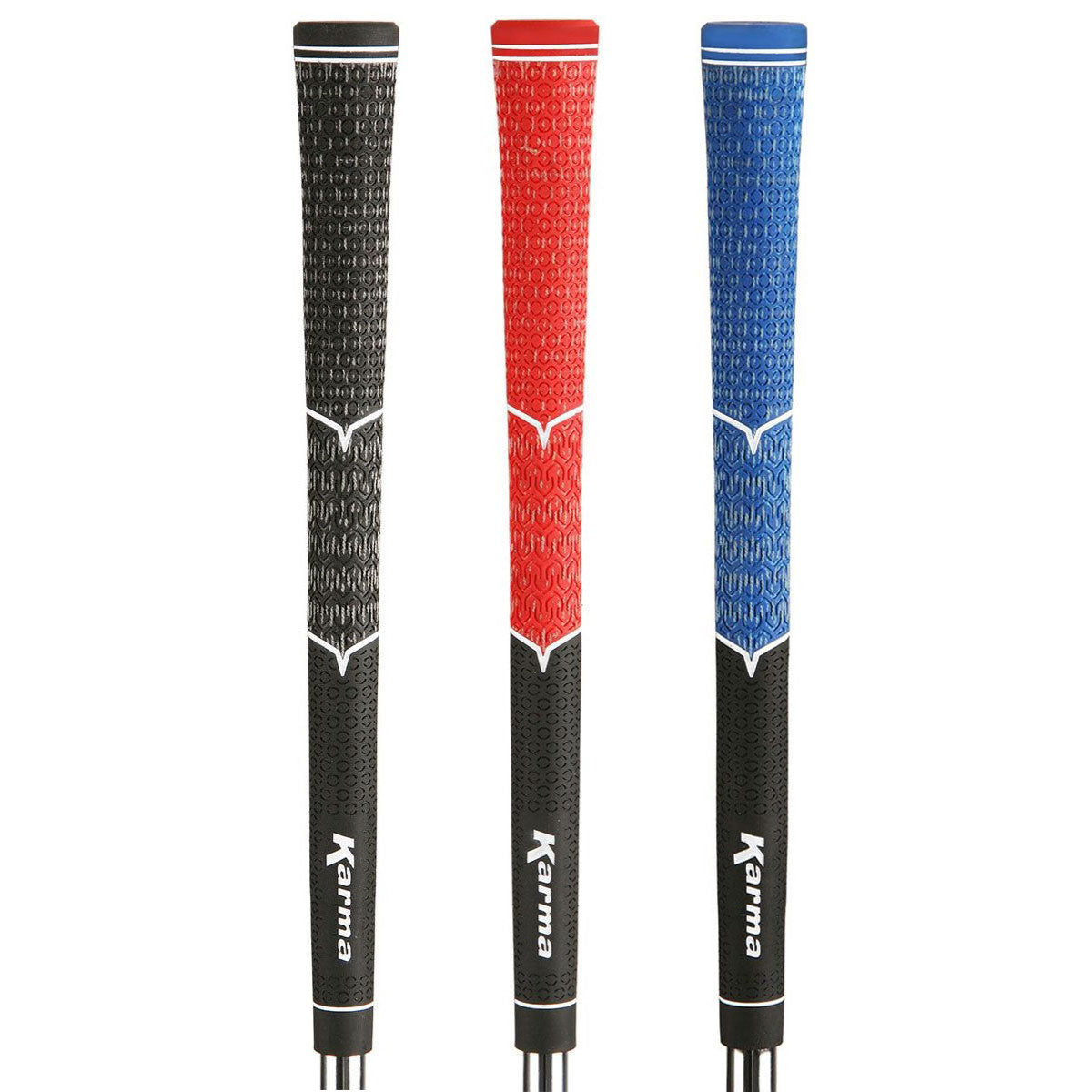 side by side black, blue and red Karma V-Cord Golf Grips