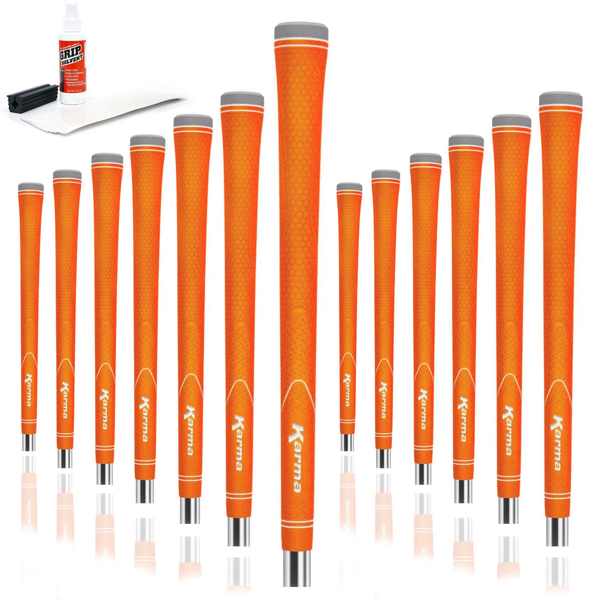 13 Karma Neion II orange golf grips, golf grip tape strips, bottle of grip solvent and rubber shaft clamp