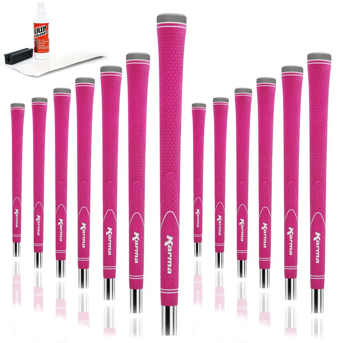 13 Karma Neion II pink golf grips, golf grip tape strips, bottle of grip solvent and rubber shaft clamp