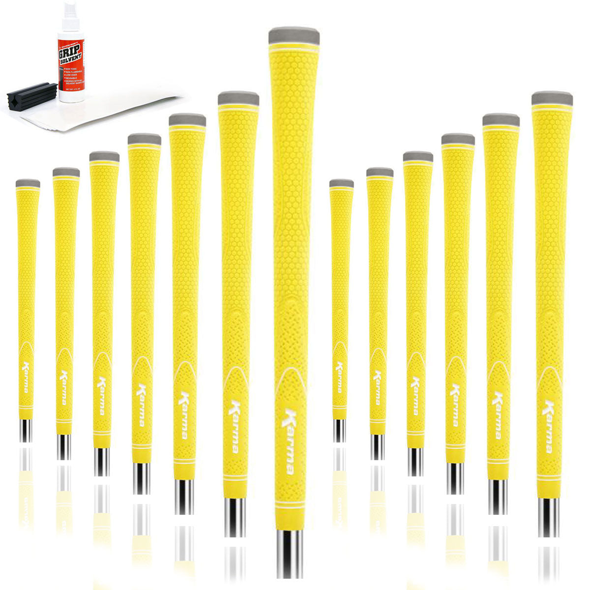 13 Karma Neion II yellow golf grips, golf grip tape strips, bottle of grip solvent and rubber shaft clamp