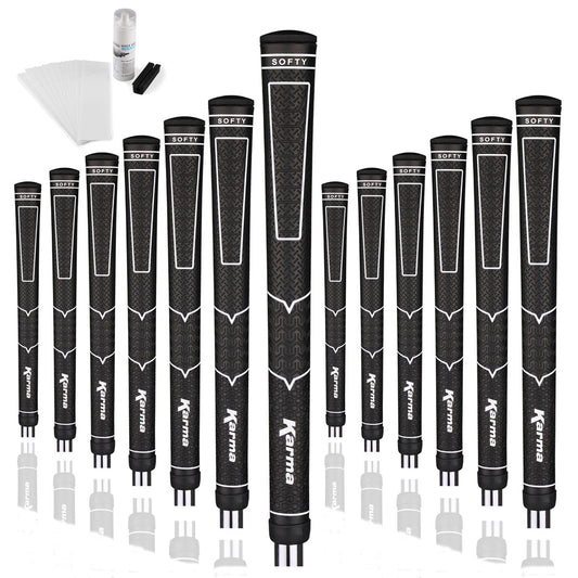 13 Karma Softy standard golf grips, tape strips, bottle of grip solvent and rubber shaft clamp