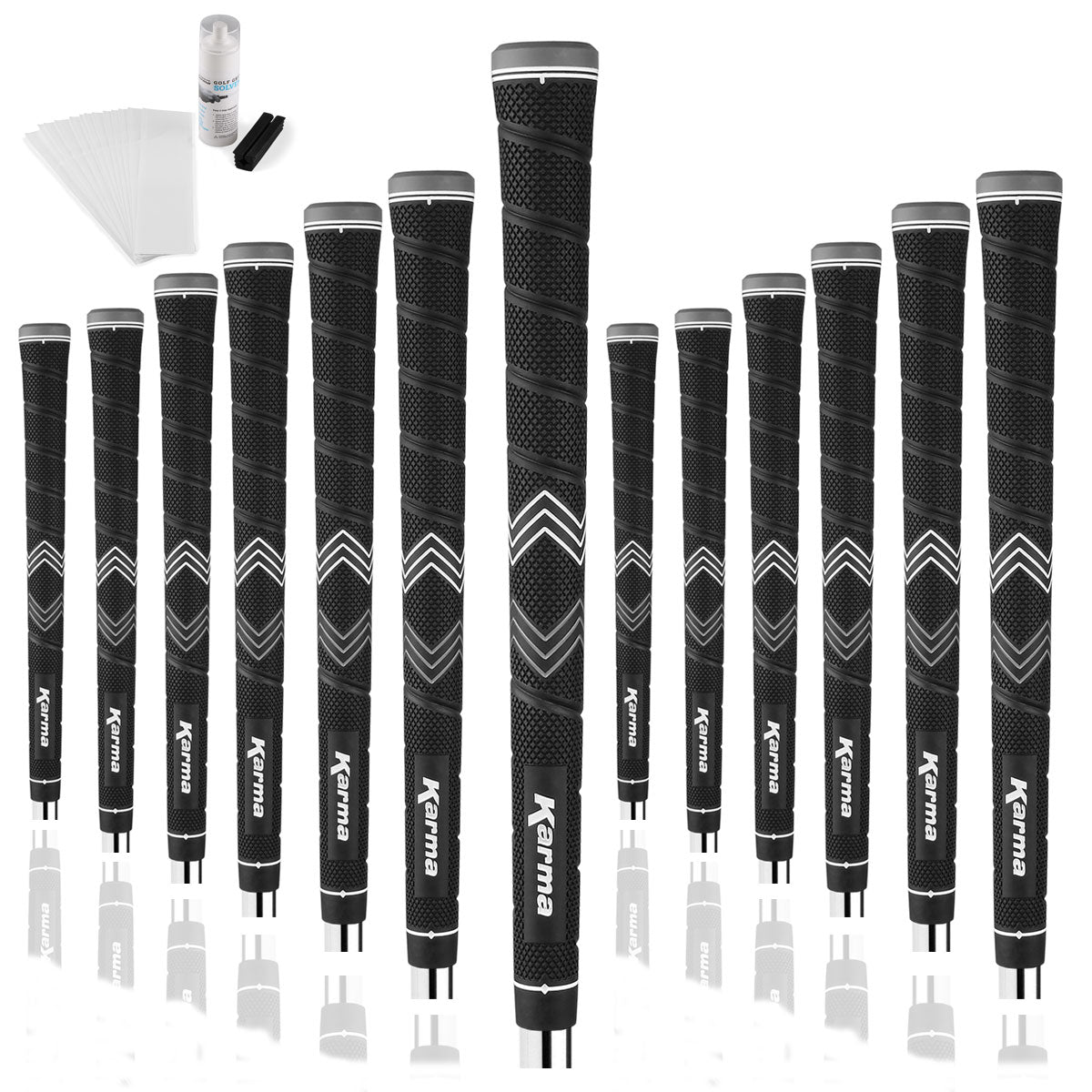 13 Karma Soft Trac Golf Grips with 13 strips of grip tape, 4 ounce bottle of solvent and rubber shaft clamp