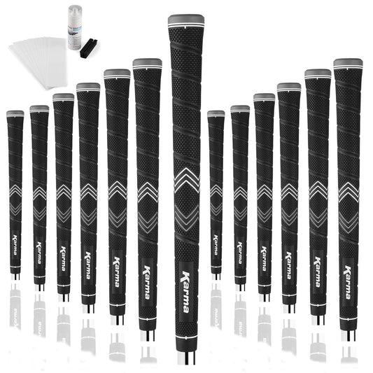 13 Karma Soft Trac Golf Grips with 13 strips of grip tape, 4 ounce bottle of solvent and rubber shaft clamp